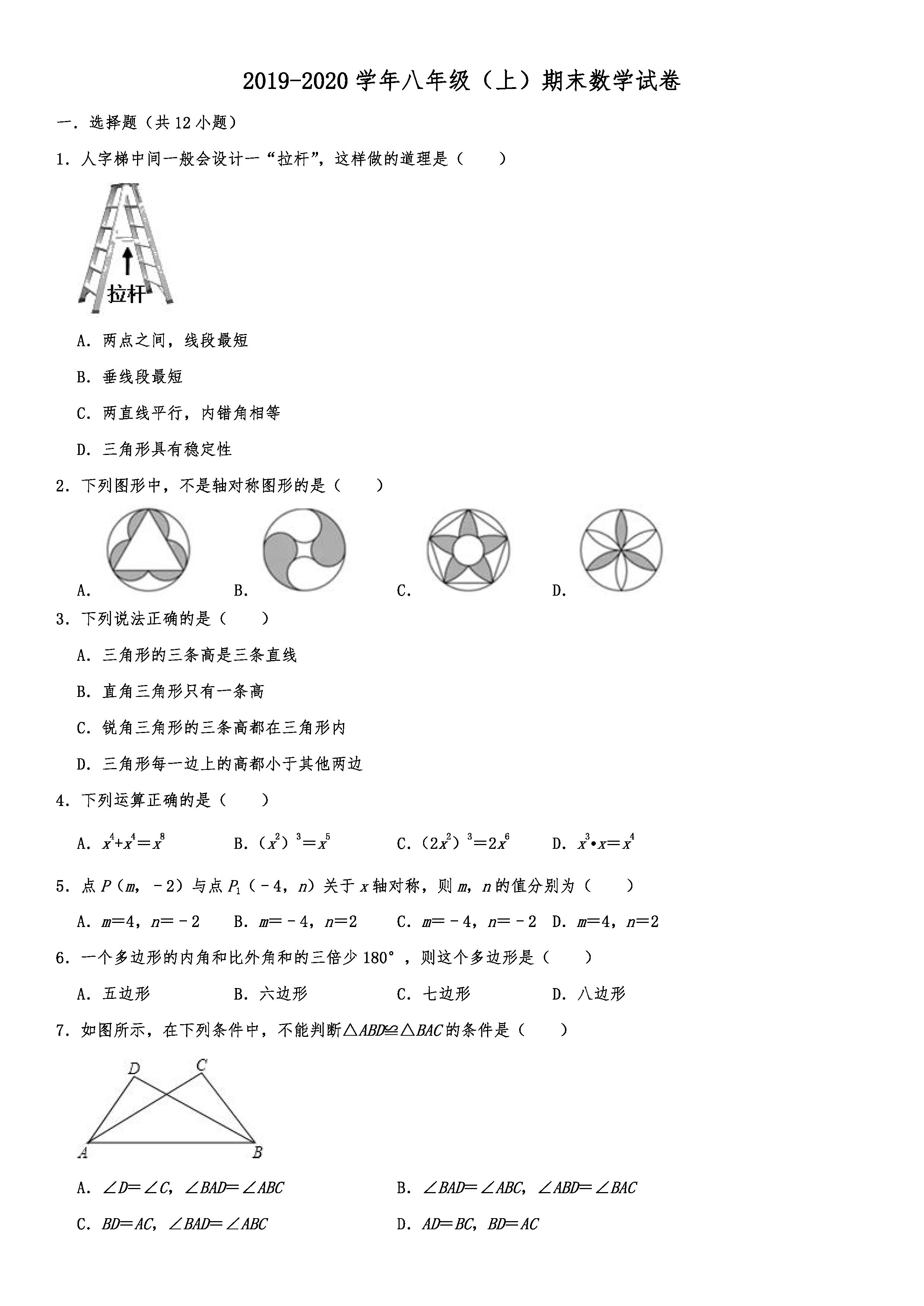 2019-2020广西南宁初二数学上册期末试题含解析