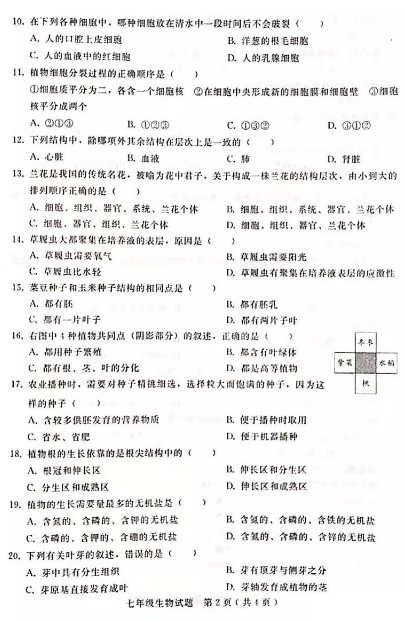 2019-2020邢台桥东区初一生物上册期末试题含答案