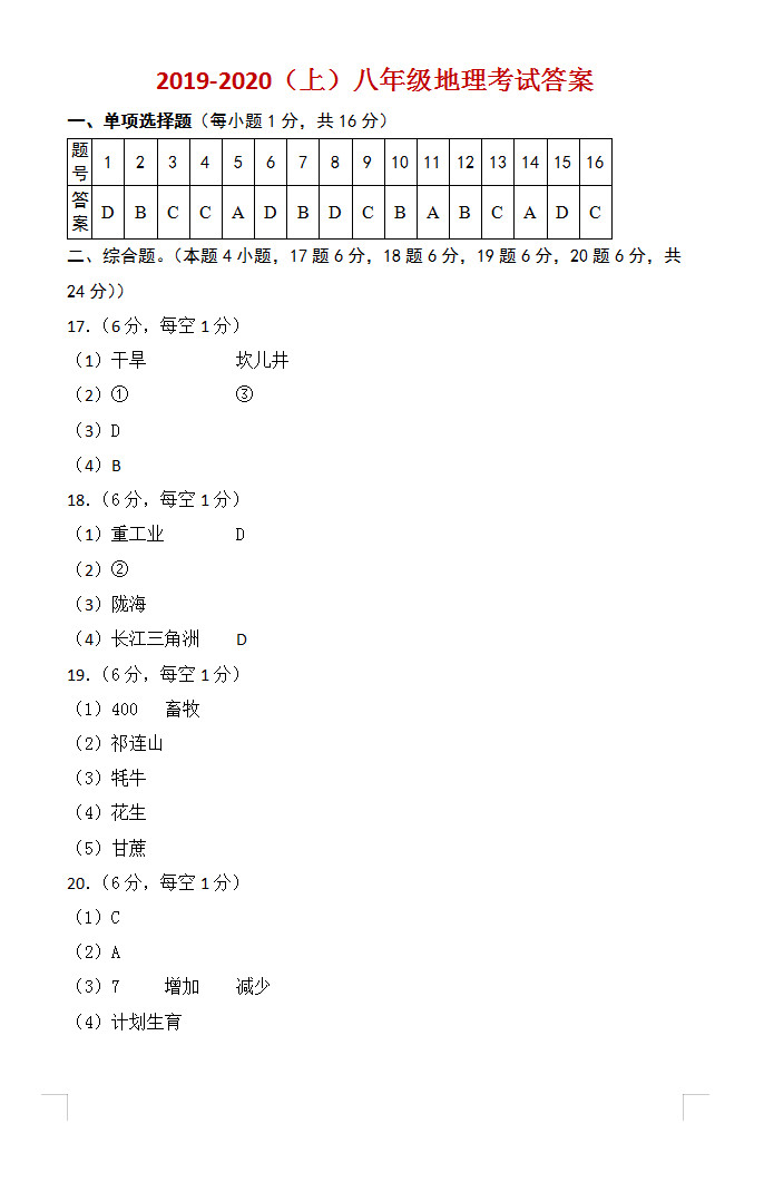 2019-2020辽宁沈阳初二地理上册期末试题含答案