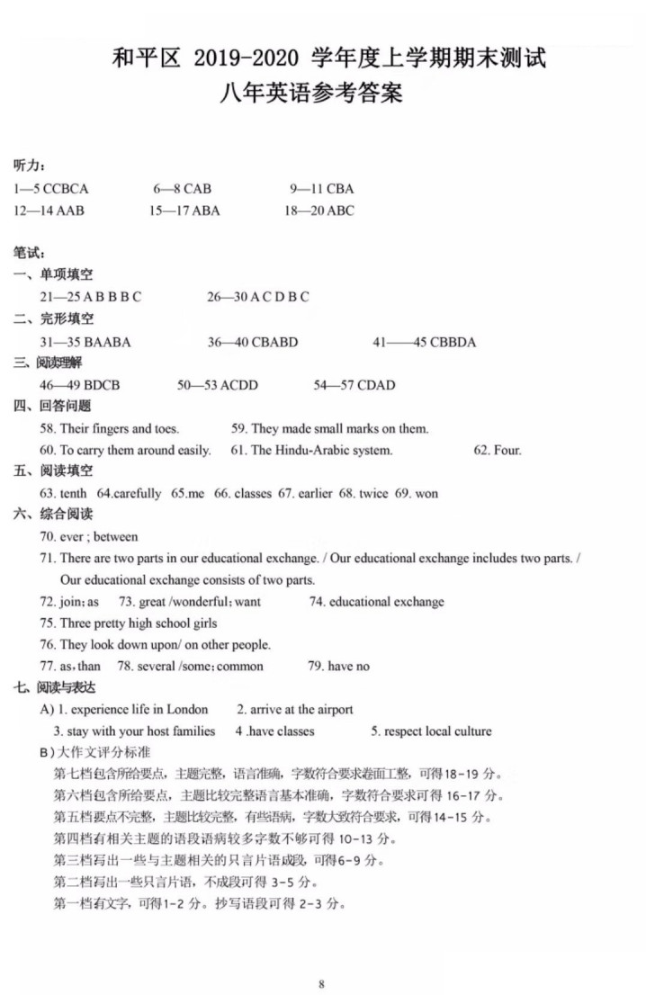 2019-2020沈阳和平区初二英语上期末试题含答案