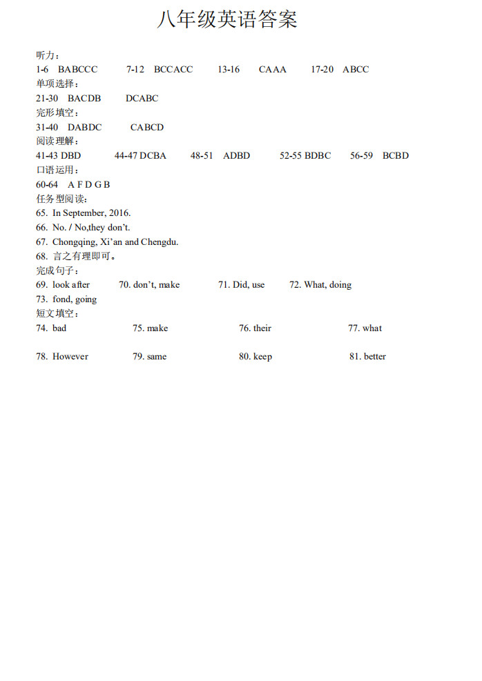 2019-2020重庆六校联考初二英语上册期末试题含答案