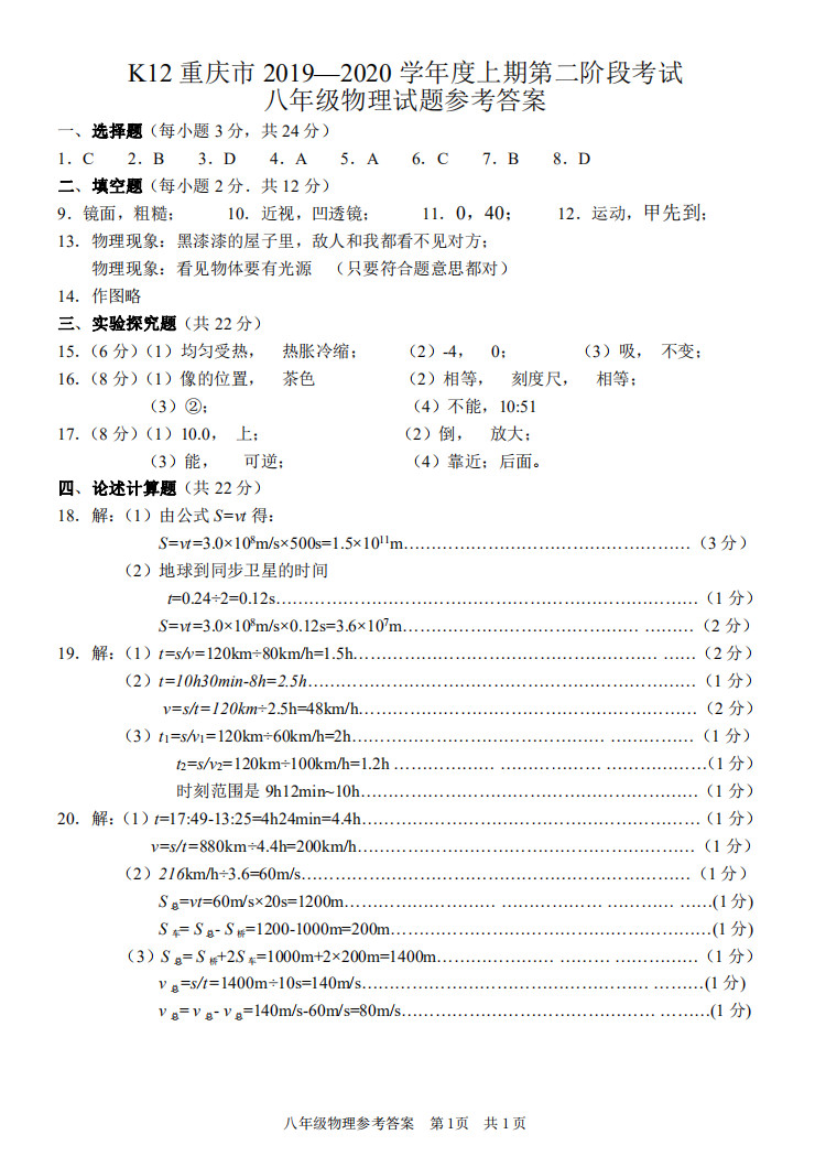 2019-2020重庆九龙坡区初二物理上期末试题含答案