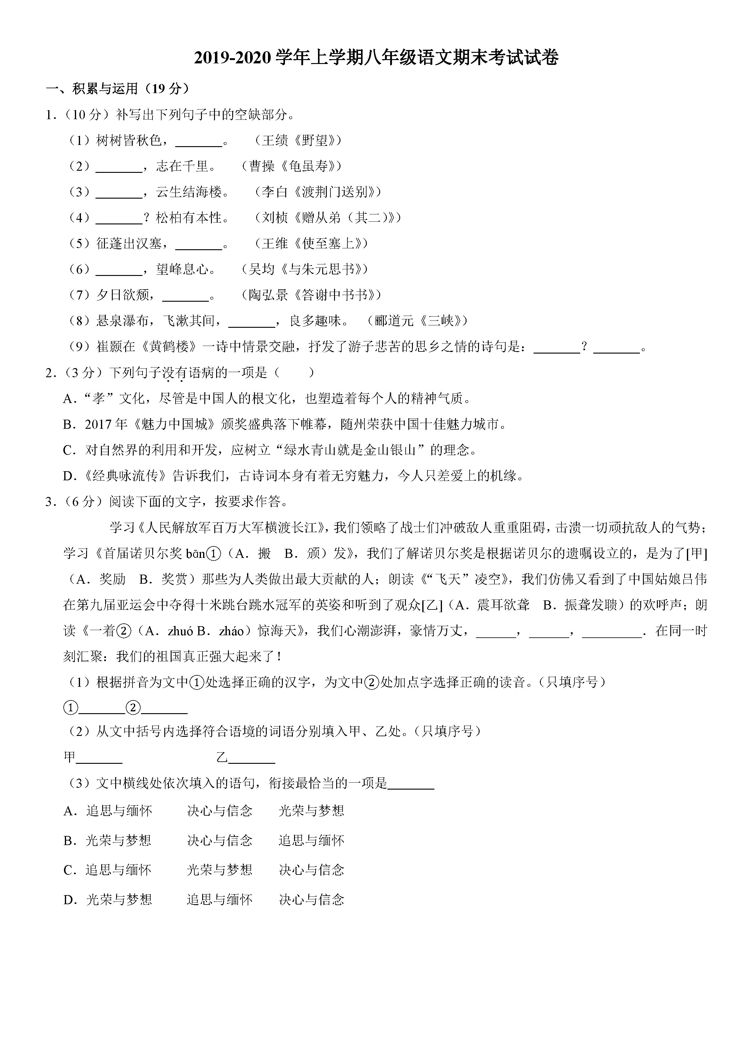 2019-2020福建龙岩初二语文上册期末试题（解析版）