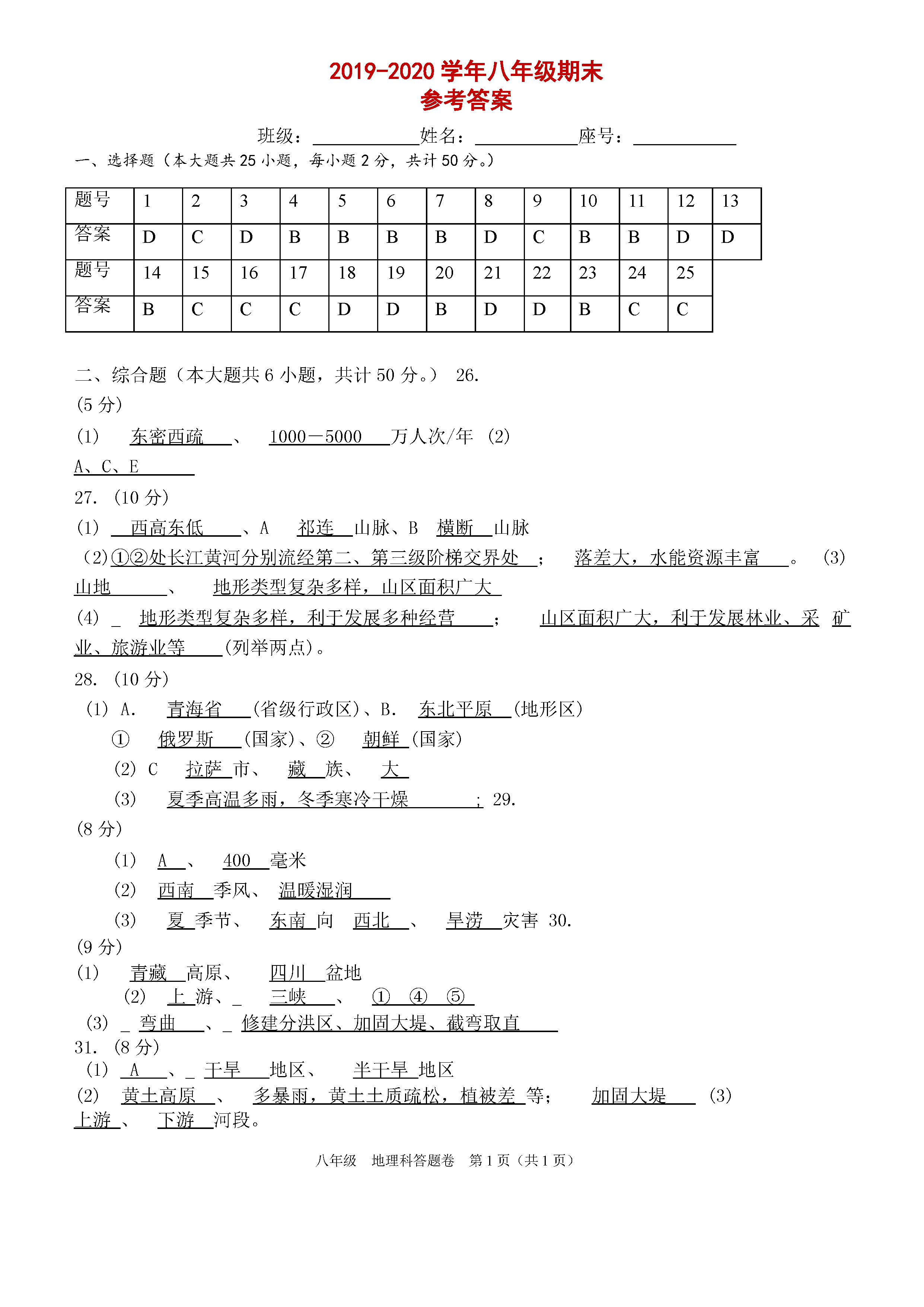 2019-2020福建福州初二地理上册期末试题含答案