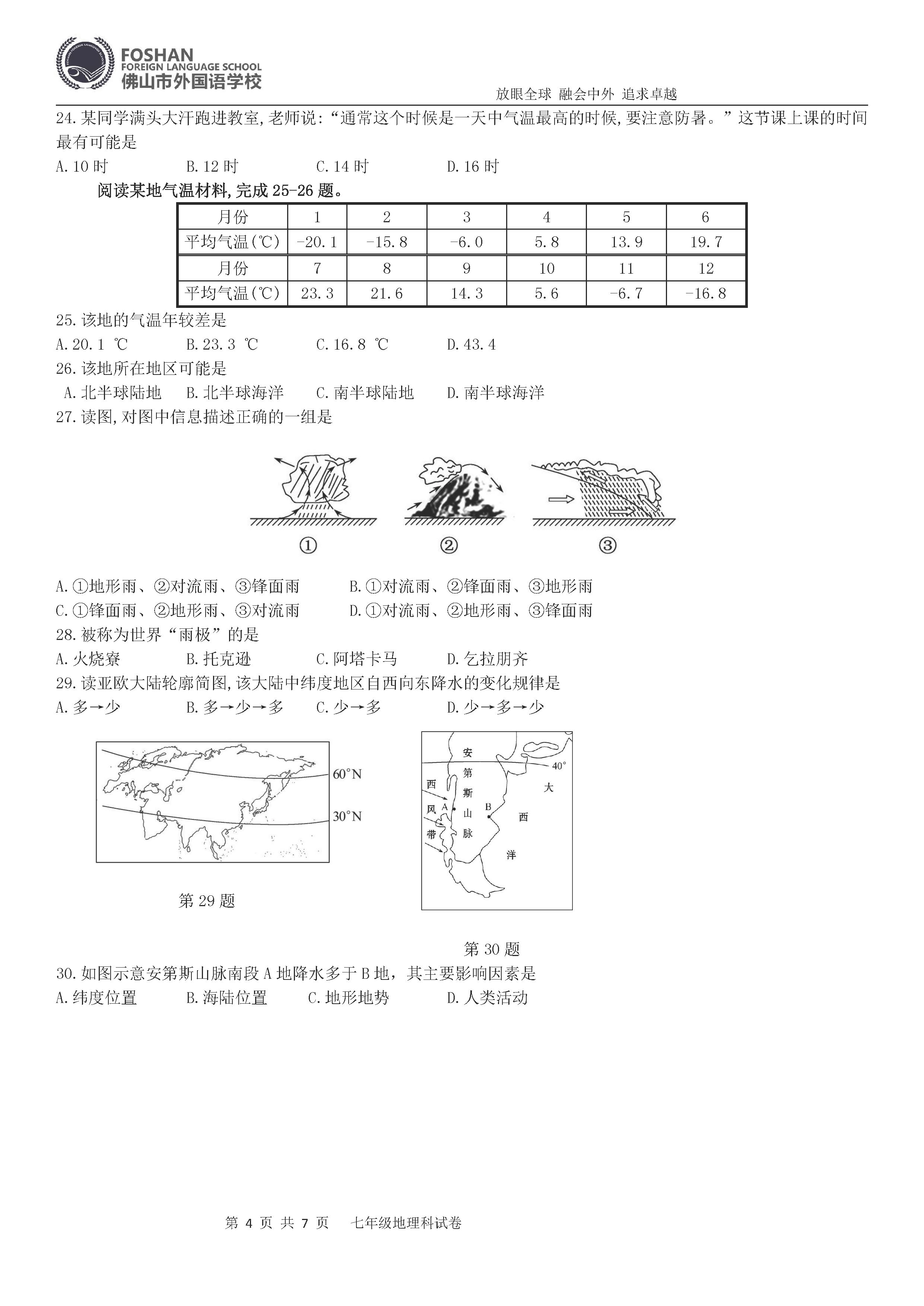 2019-2020广东佛山初一地理上册期末试题含答案