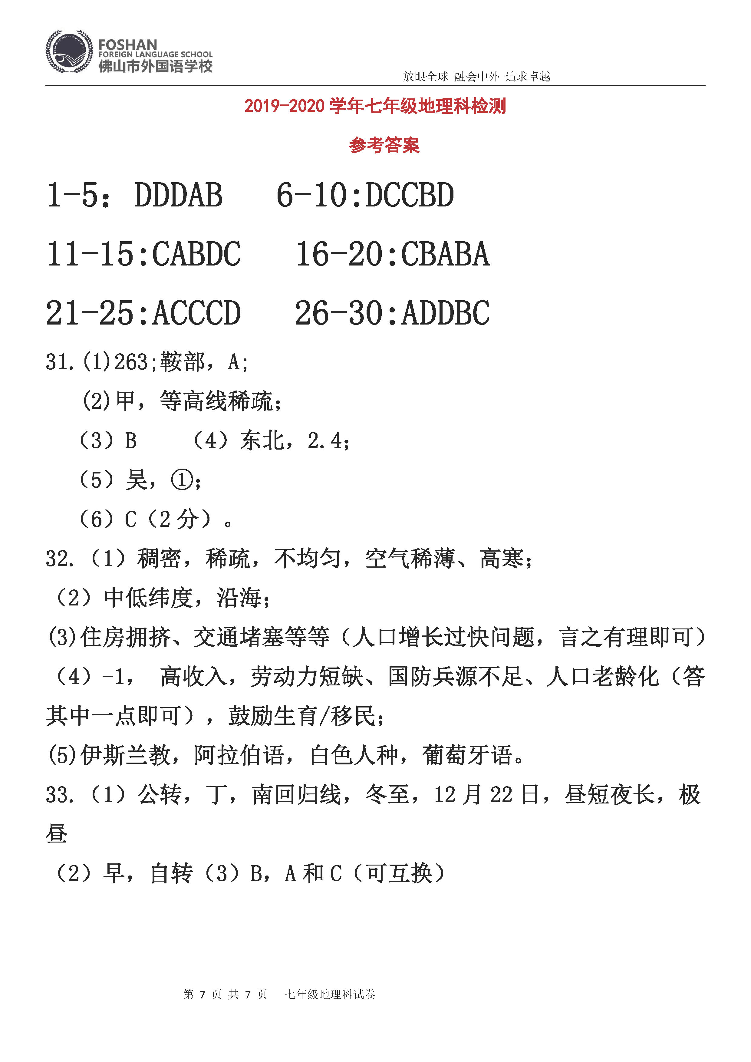 2019-2020广东佛山初一地理上册期末试题含答案