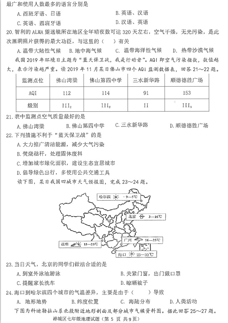 2019-2020广东佛山初一地理上册期末试题无答案