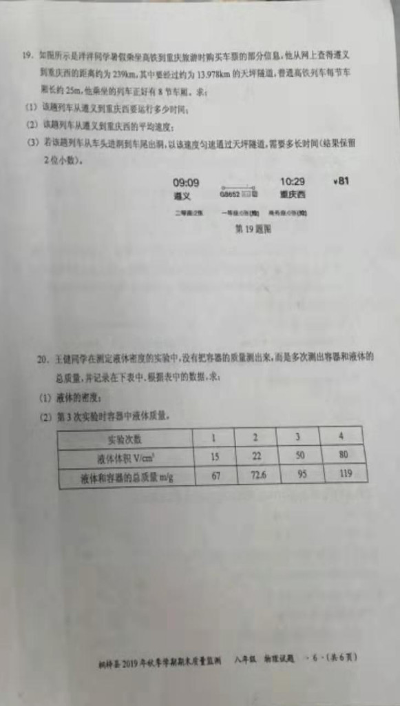 2019-2020贵州桐梓县初二物理上期末试题无答案