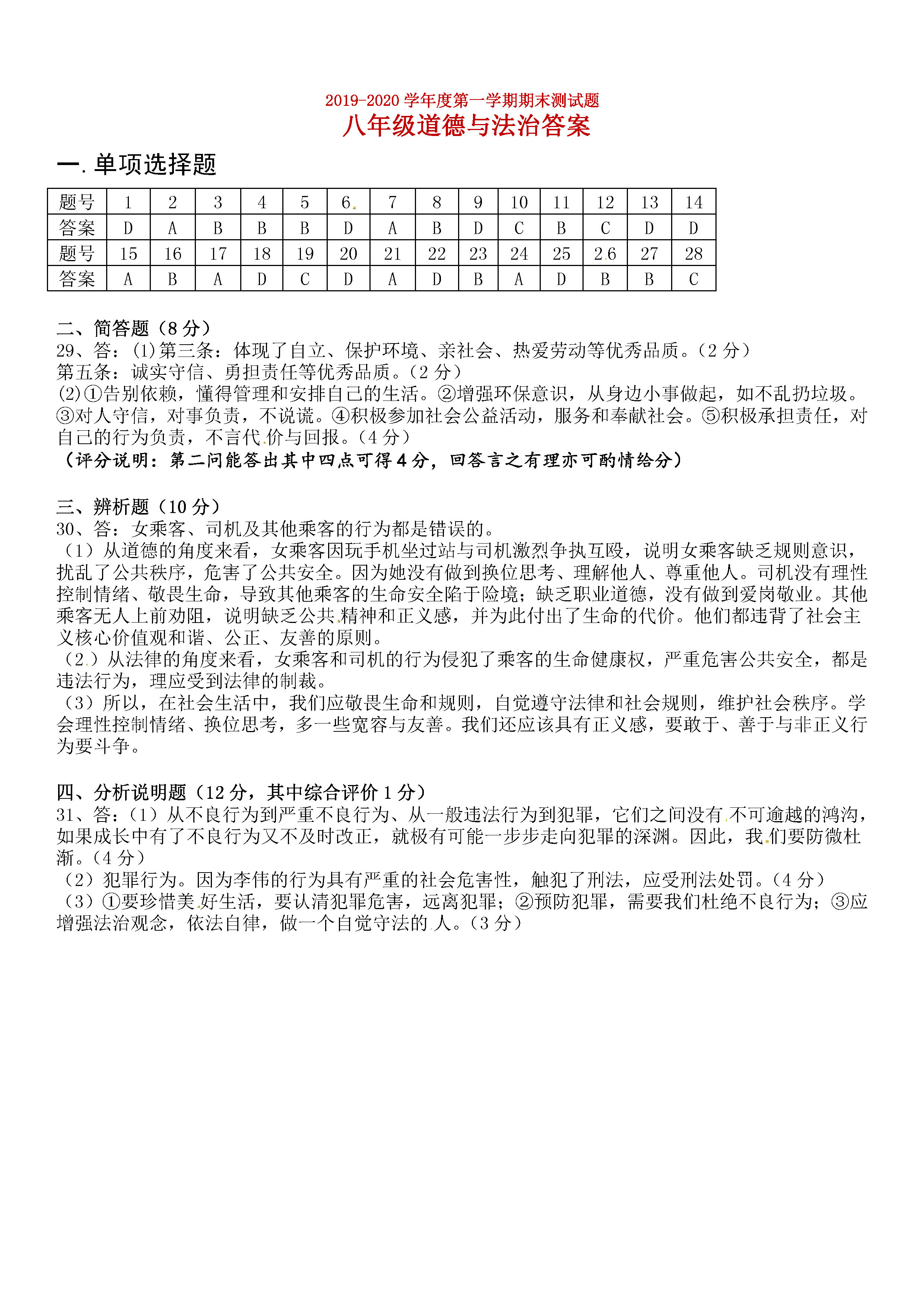 2019-2020广东恩平初二政治上册期末试题含答案