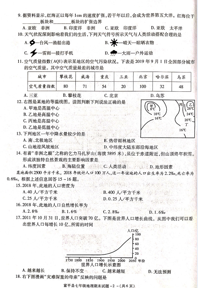 2019-2020陕西渭南初一地理上册期末试题含答案