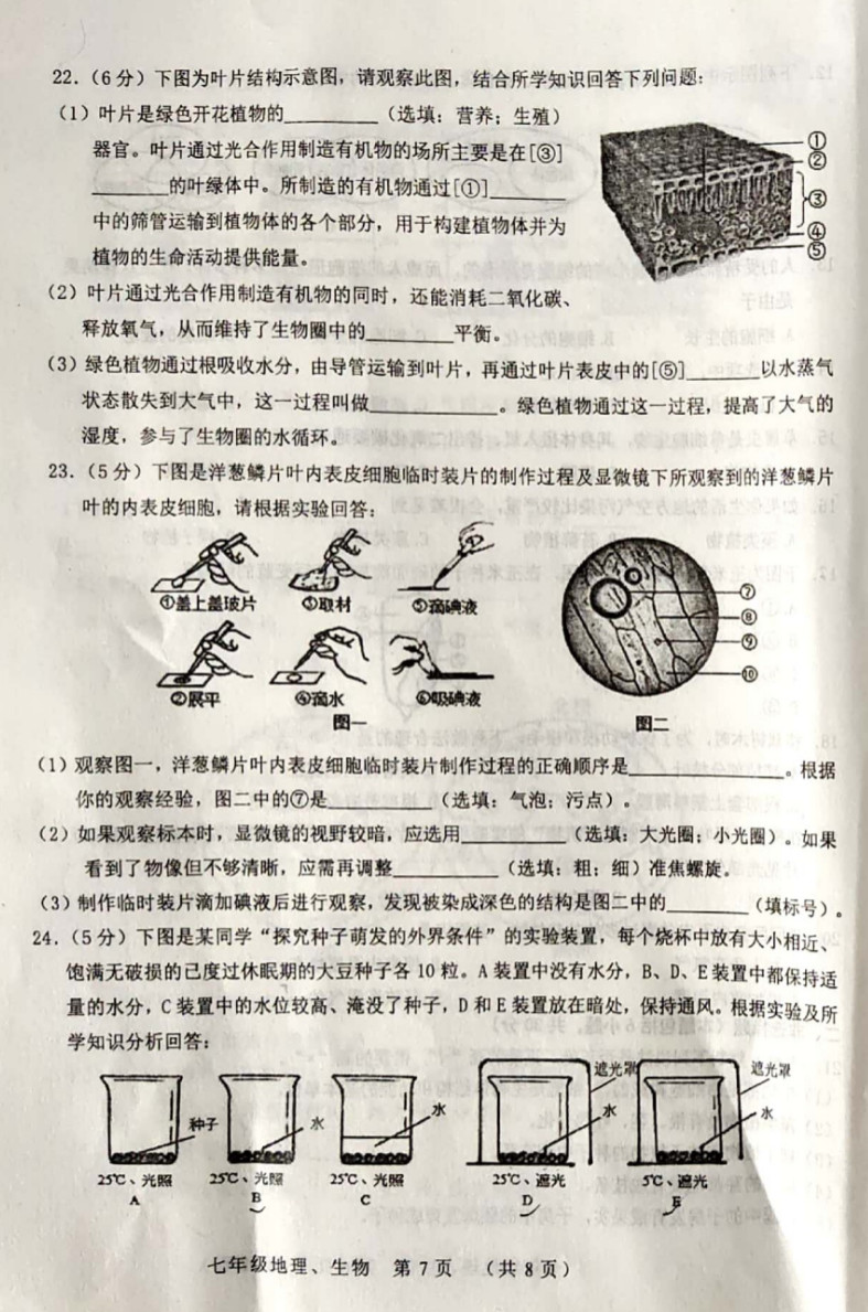 2019-2020吉林长春新区初一生物上期末试题含答案