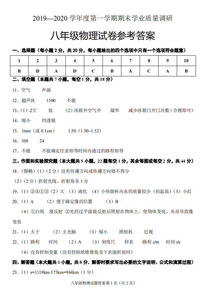 2019-2020江苏连云港海州区初二物理上期末试题含答案