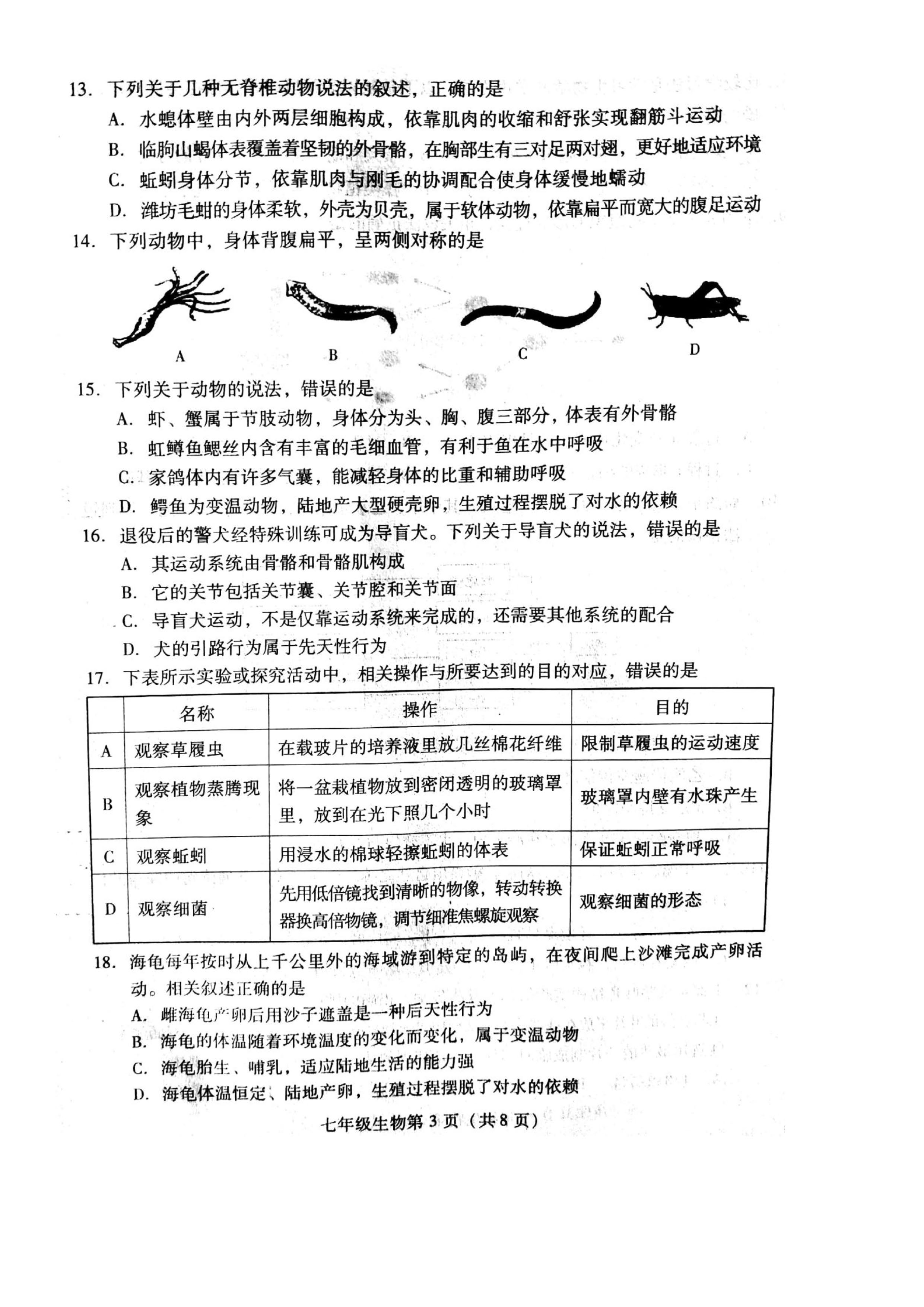 2019-2020山东东营初一生物上期末试题含答案