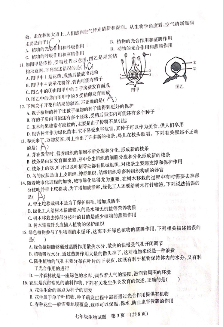 2019-2020山东临沂初一生物上期末试题无答案