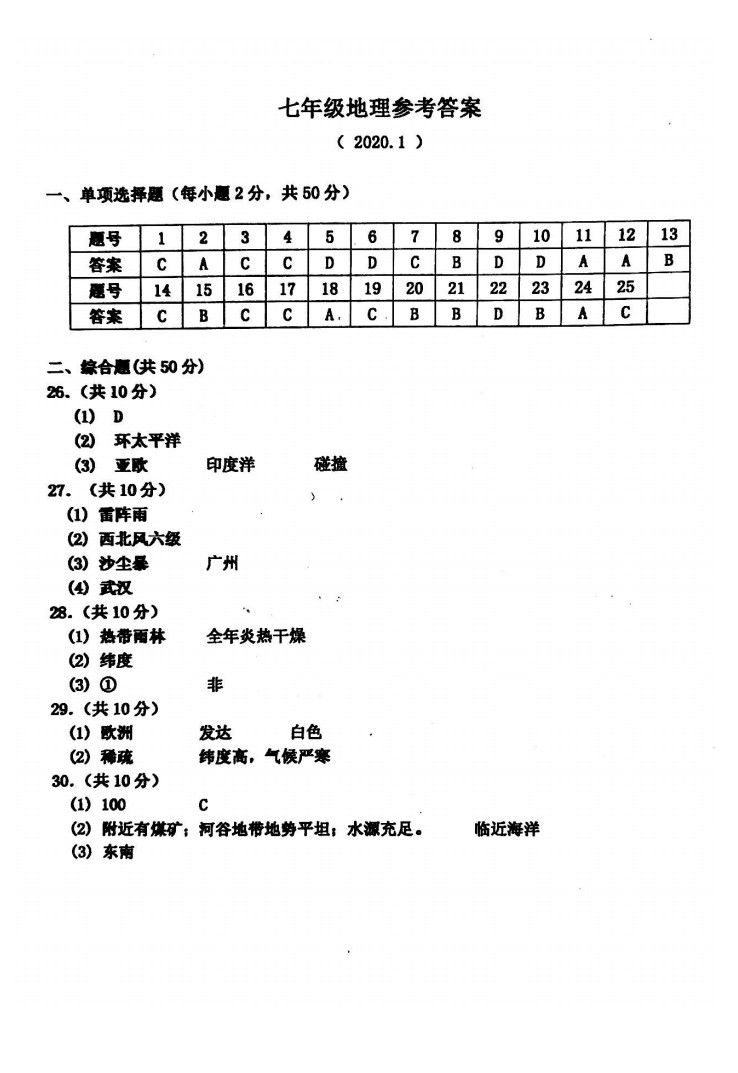 2019-2020河北唐山初一地理上期末试题含答案（图片版）