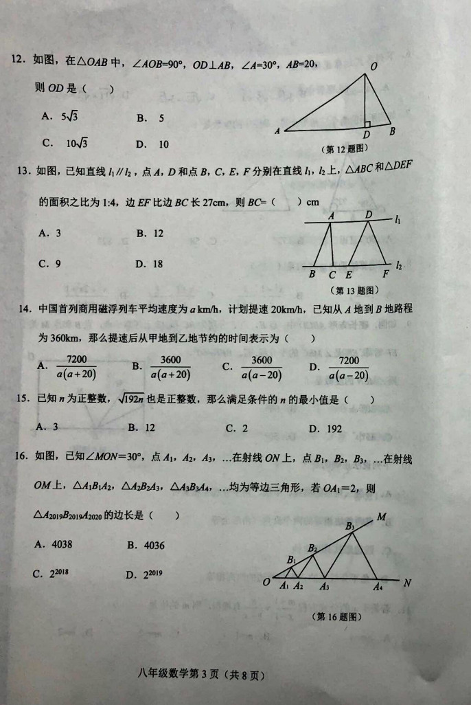 2019-2020河北石家庄初二数学上期末试题无答案（图片版）