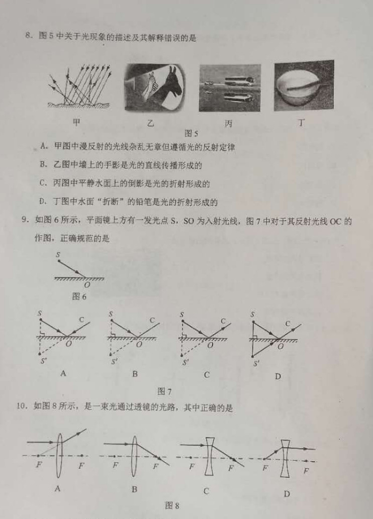 2019-2020天津东丽区初二物理上期末试题无答案（图片版）