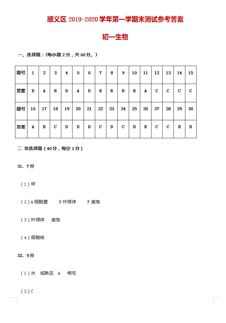 2019-2020北京顺义区初一生物上期末试题含答案