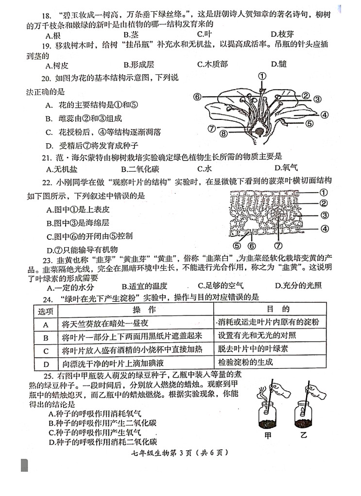 2019-2020山西兴县实验中学初一生物上期末试题无答案