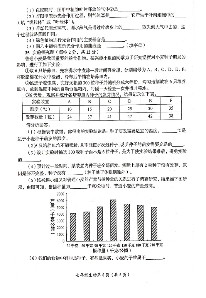 2019-2020山西兴县实验中学初一生物上期末试题无答案