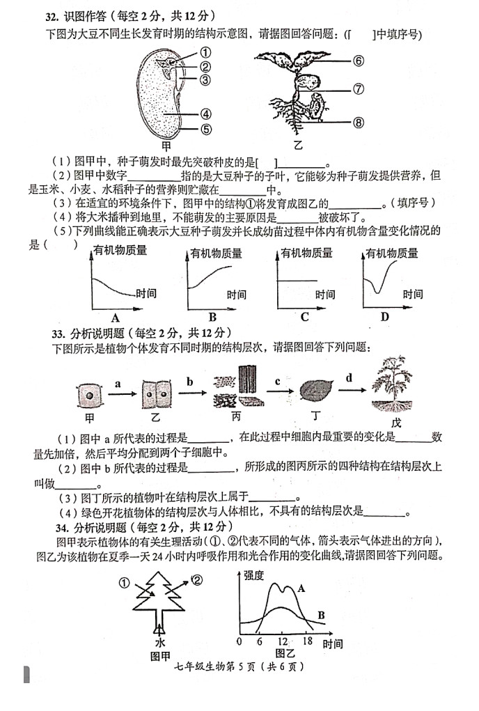 2019-2020山西兴县实验中学初一生物上期末试题无答案