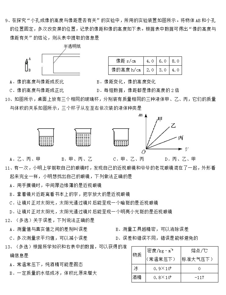 2019-2020大连市普湾新区初二物理上期末试题含答案