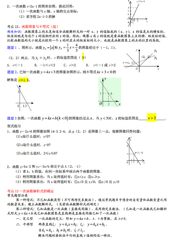 初二数学知识点：一次函数考点与解析（全）