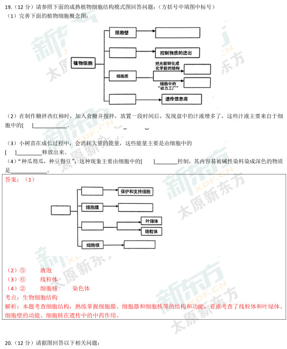 2015太原初一生物期中考试答案逐题解析（新东方版）