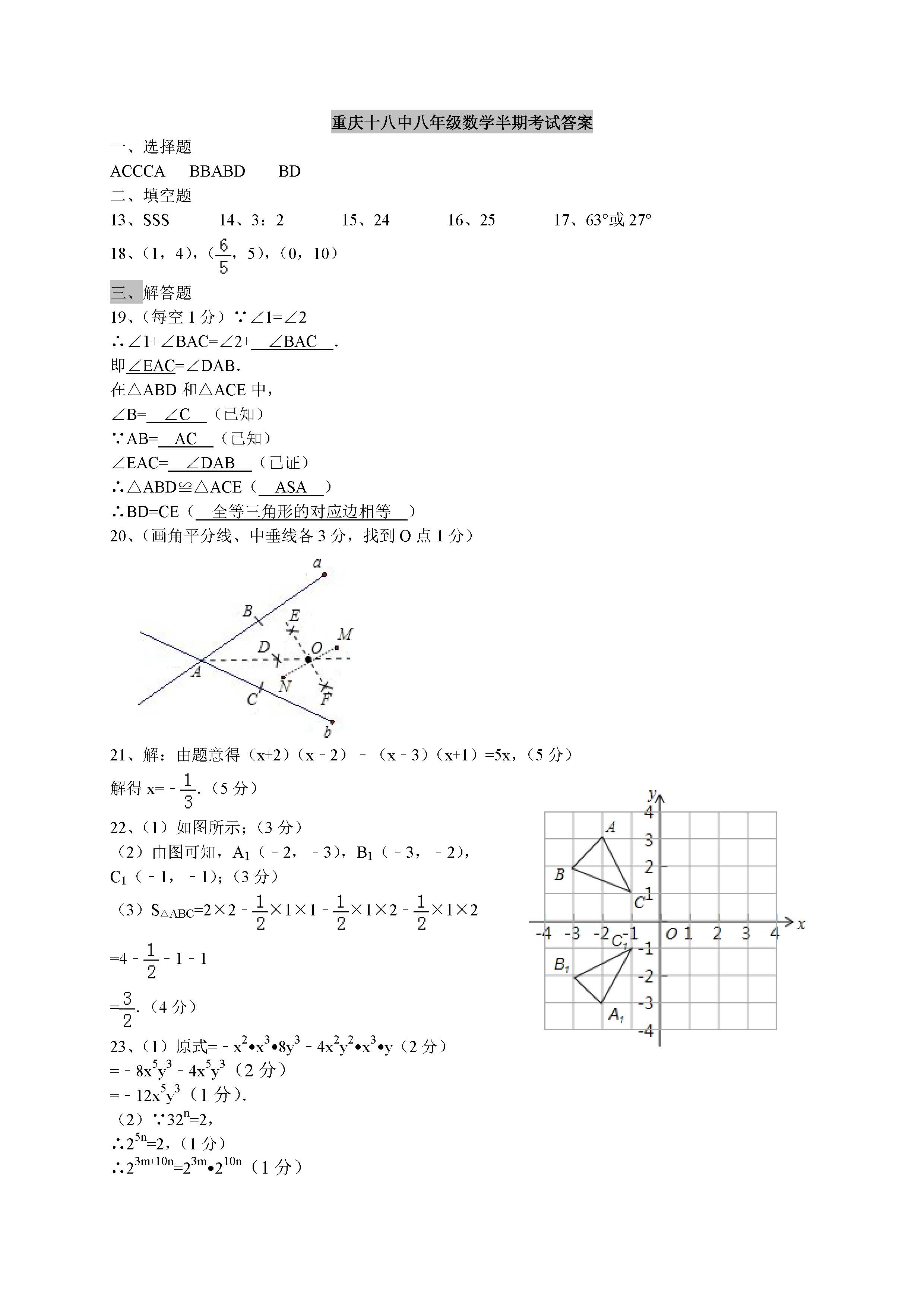 2016-2017重庆十八中八年级上期中数学试题（图片版）