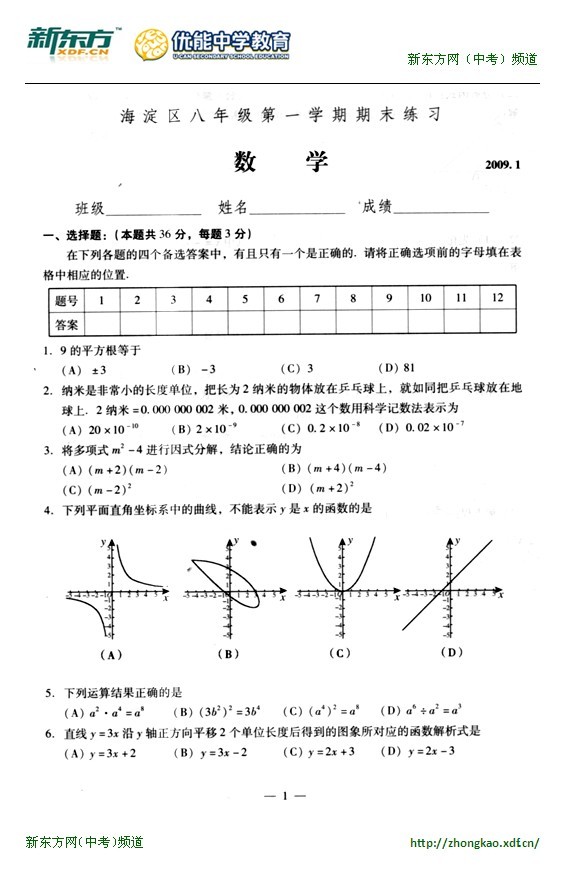 北京101中学2008-2009学年上学期期末考试八年级数学试卷