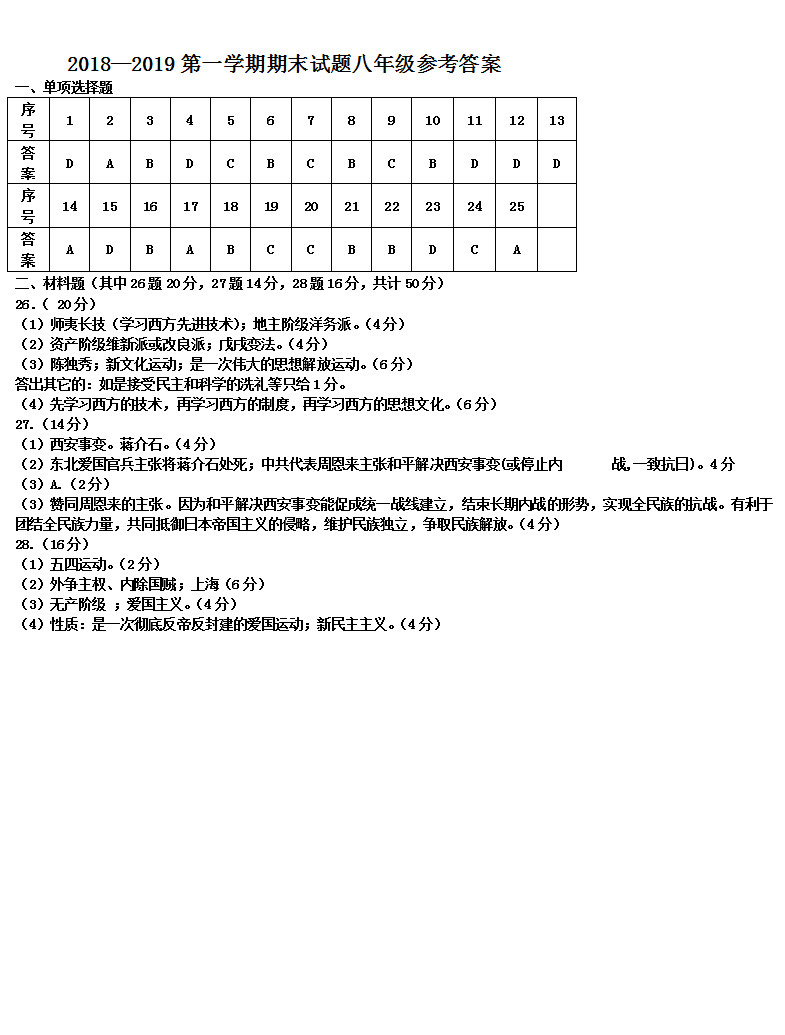 鞍山市2018-2019八年级历史上册期末测试题含答案