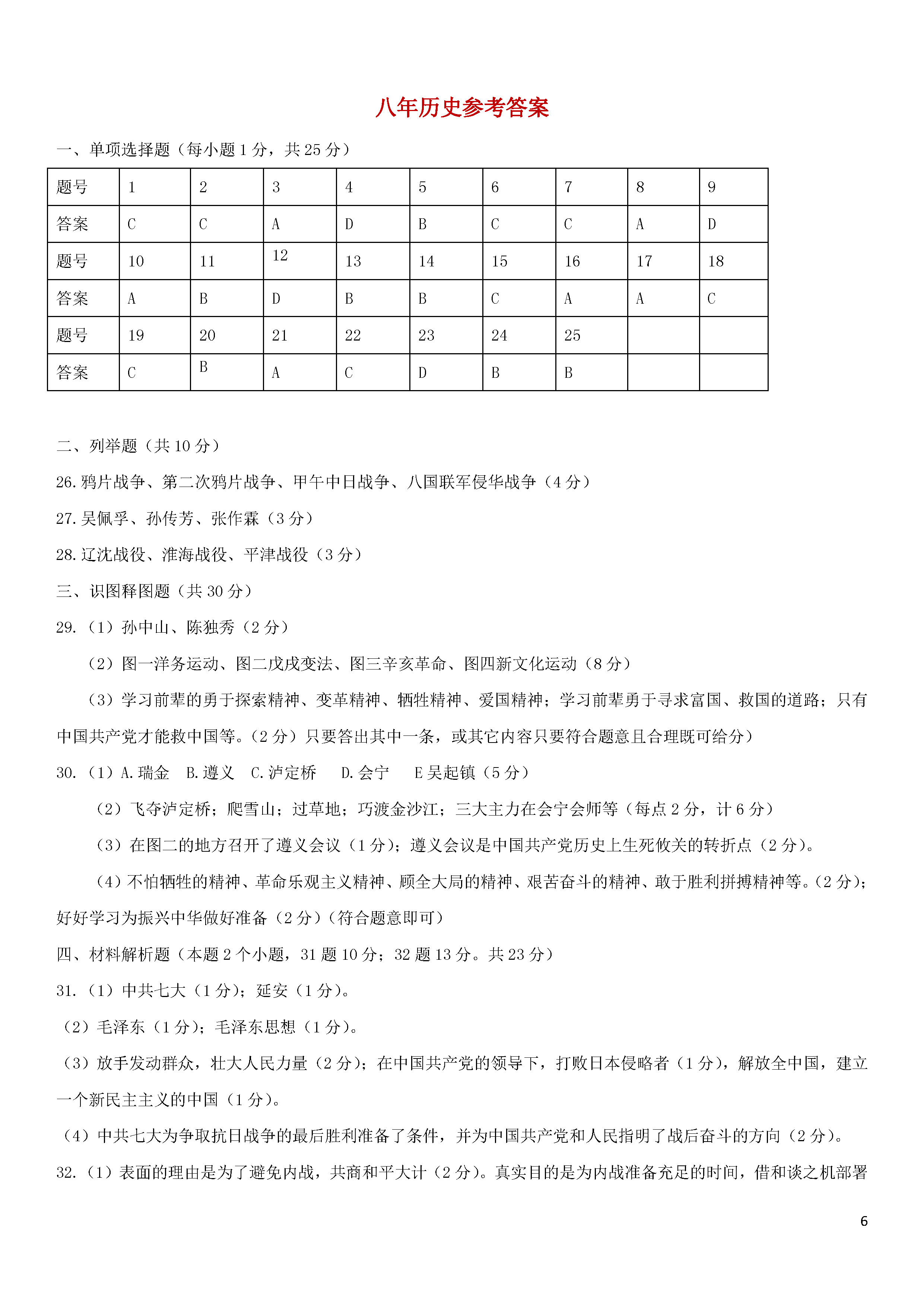 辽宁抚顺县2018-2019八年级历史上册期末测试题含答案