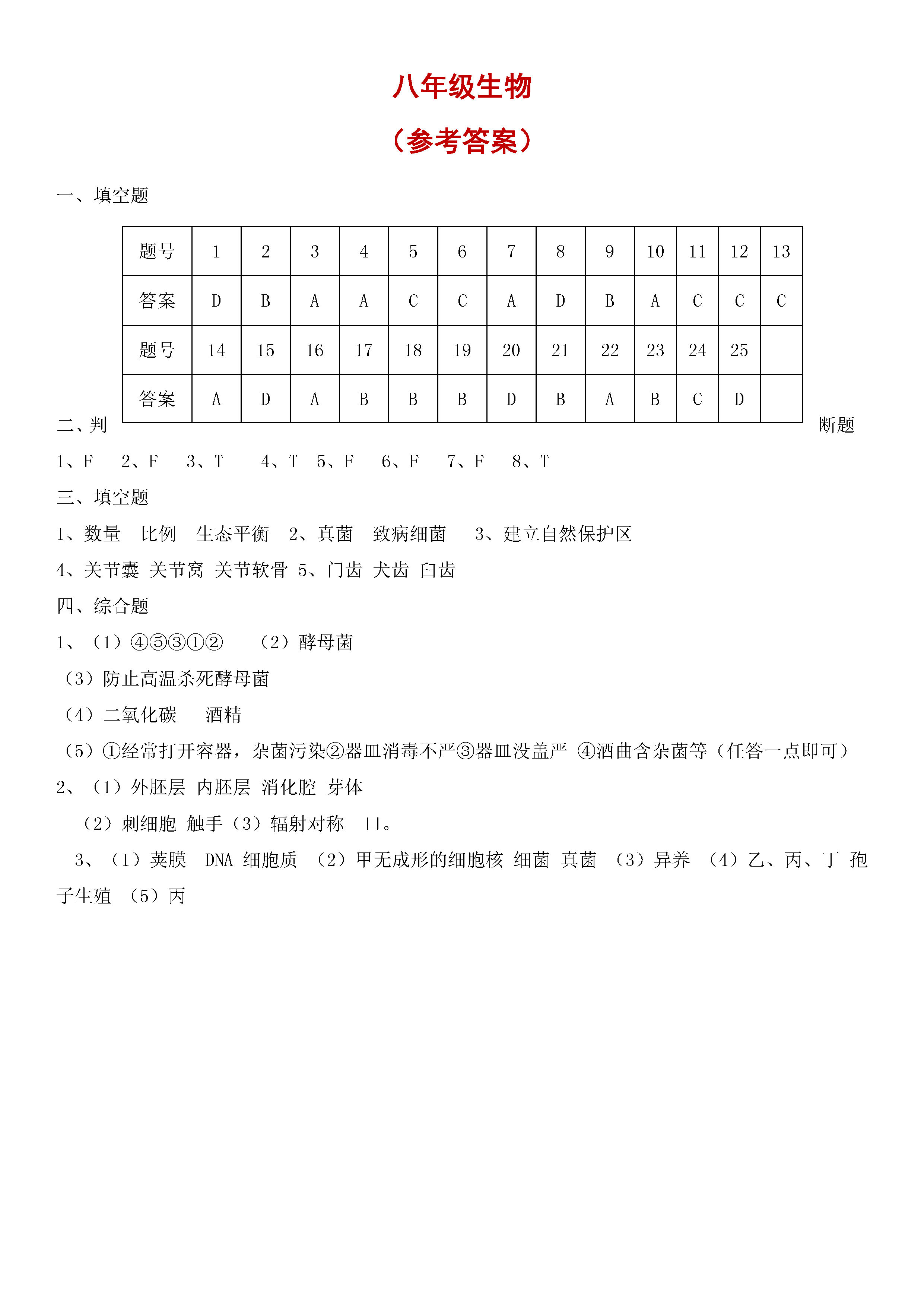 2018-2019八年级生物上册期末测试题附参考答案