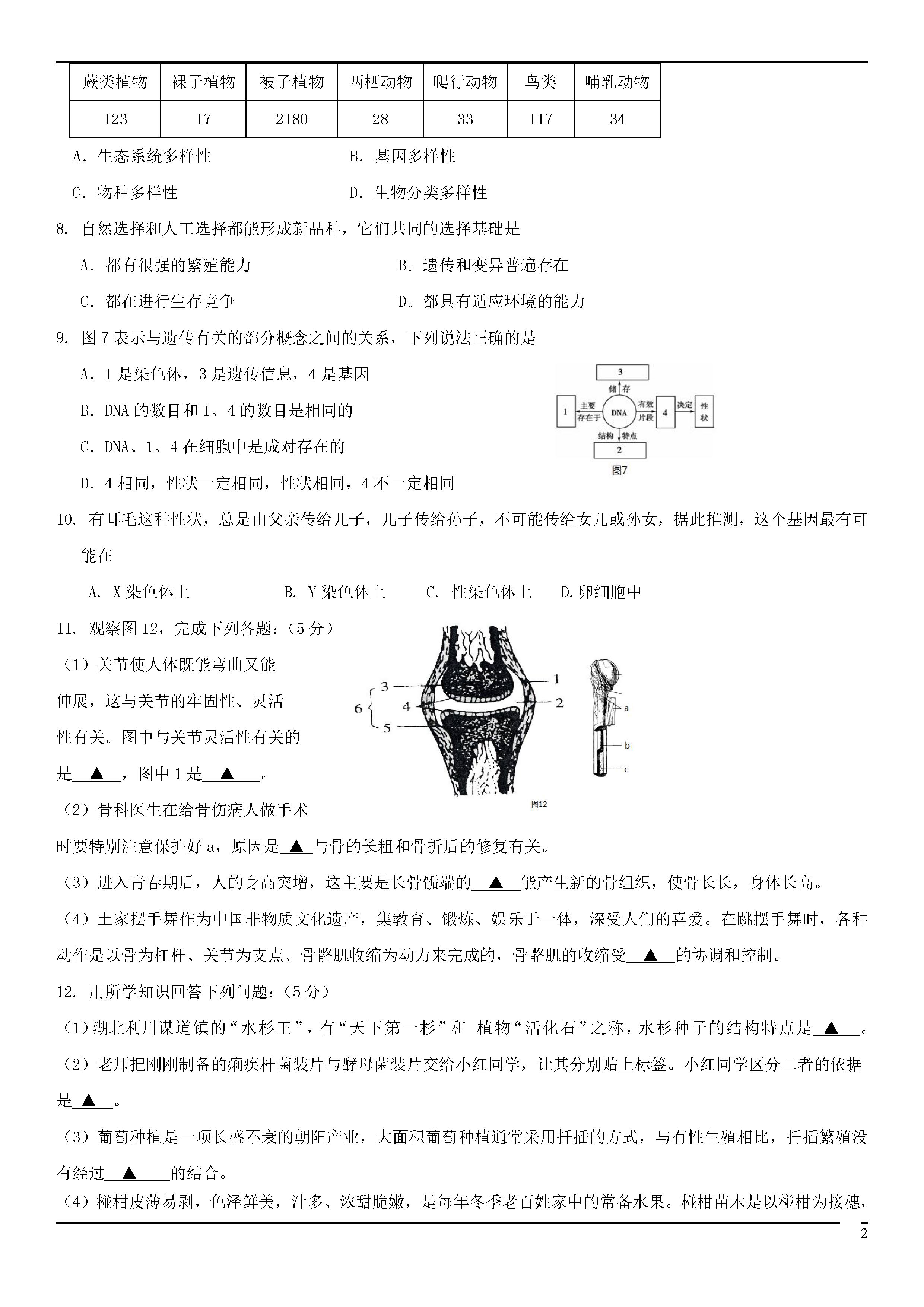 2018-2019八年级生物上册期末试题附答案（北师大版）