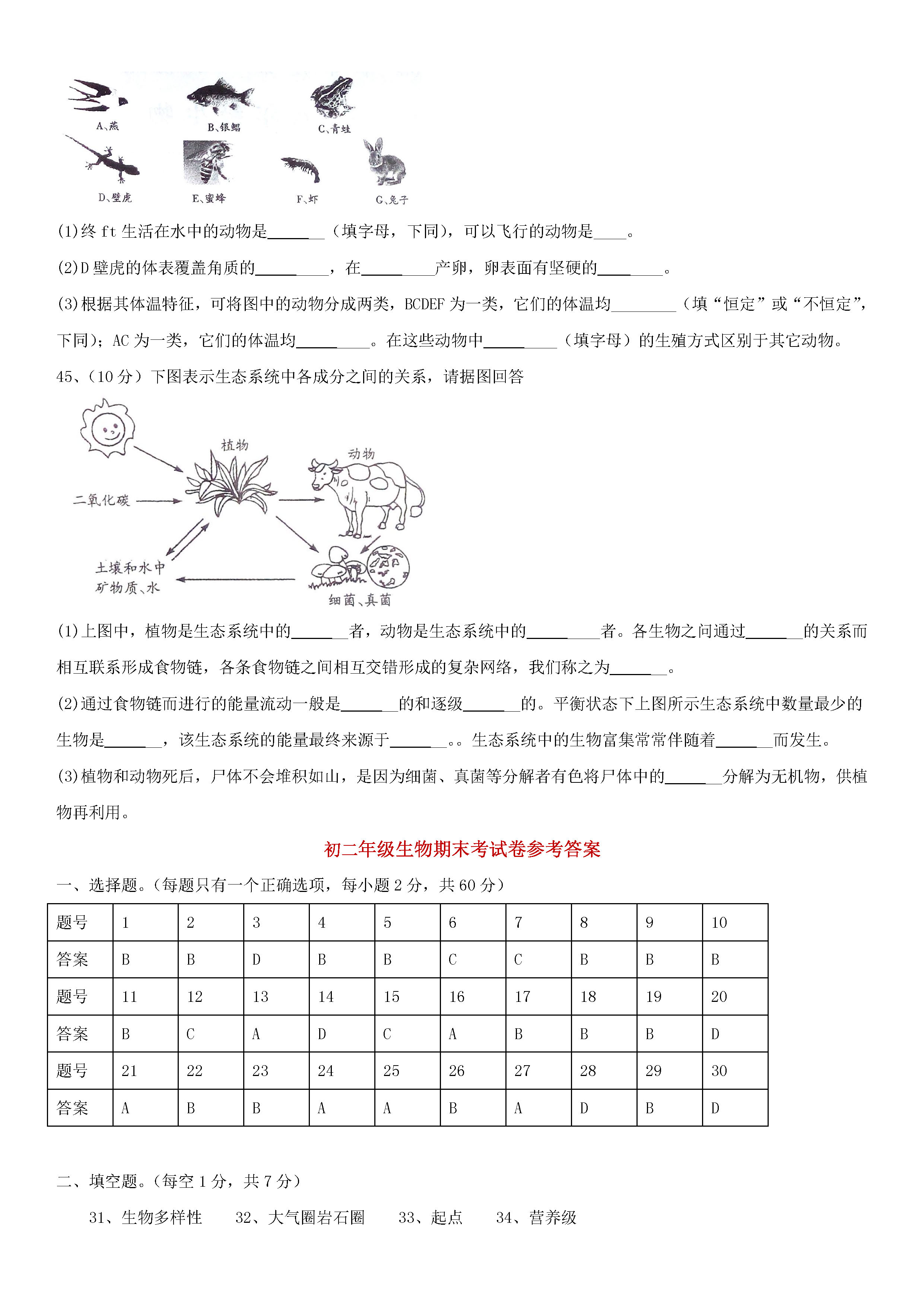 2018-2019初二年级生物上册期末试题附答案（新人教版）