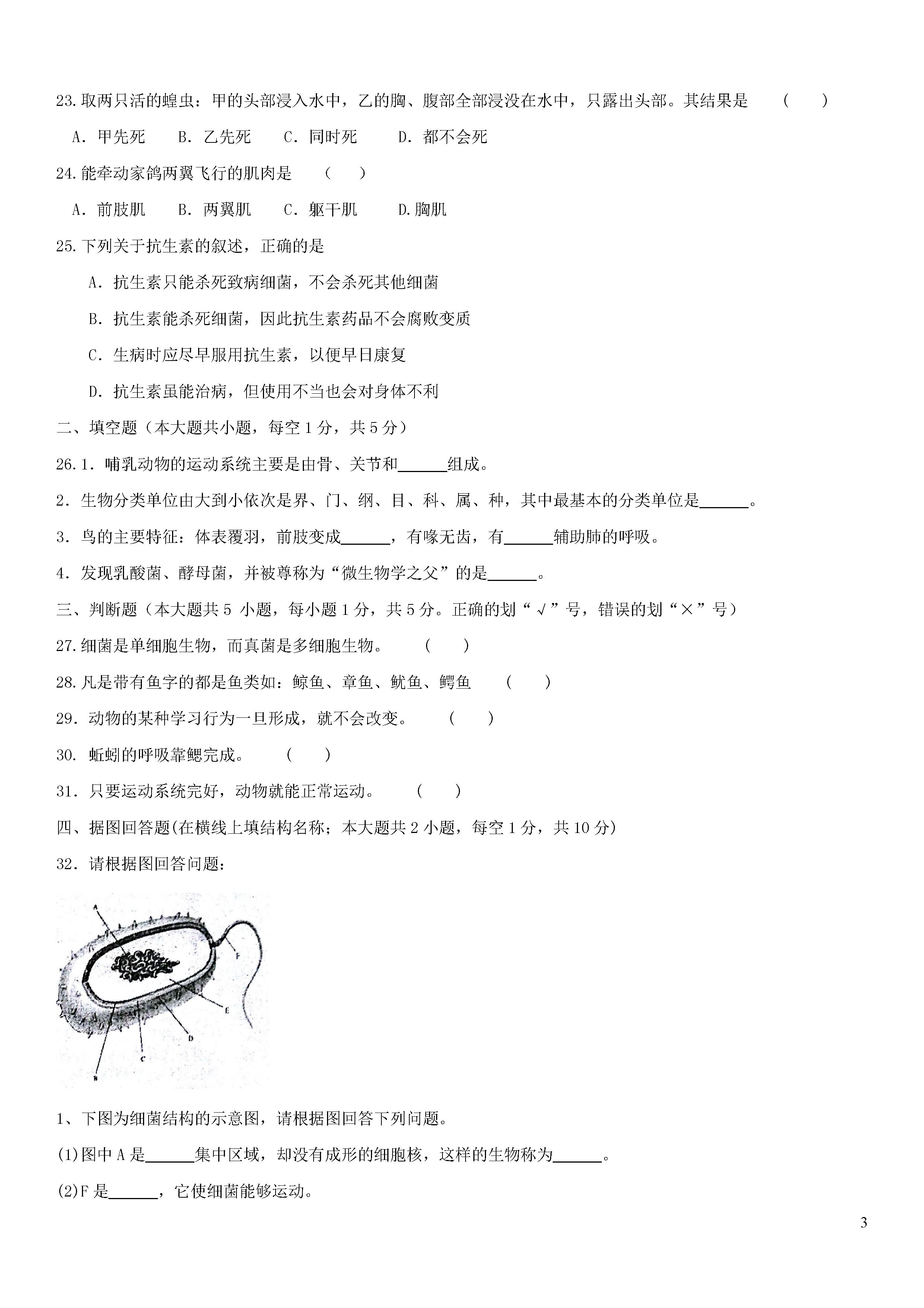 黑龙江尚志市2018-2019八年级生物上册期末试题附答案