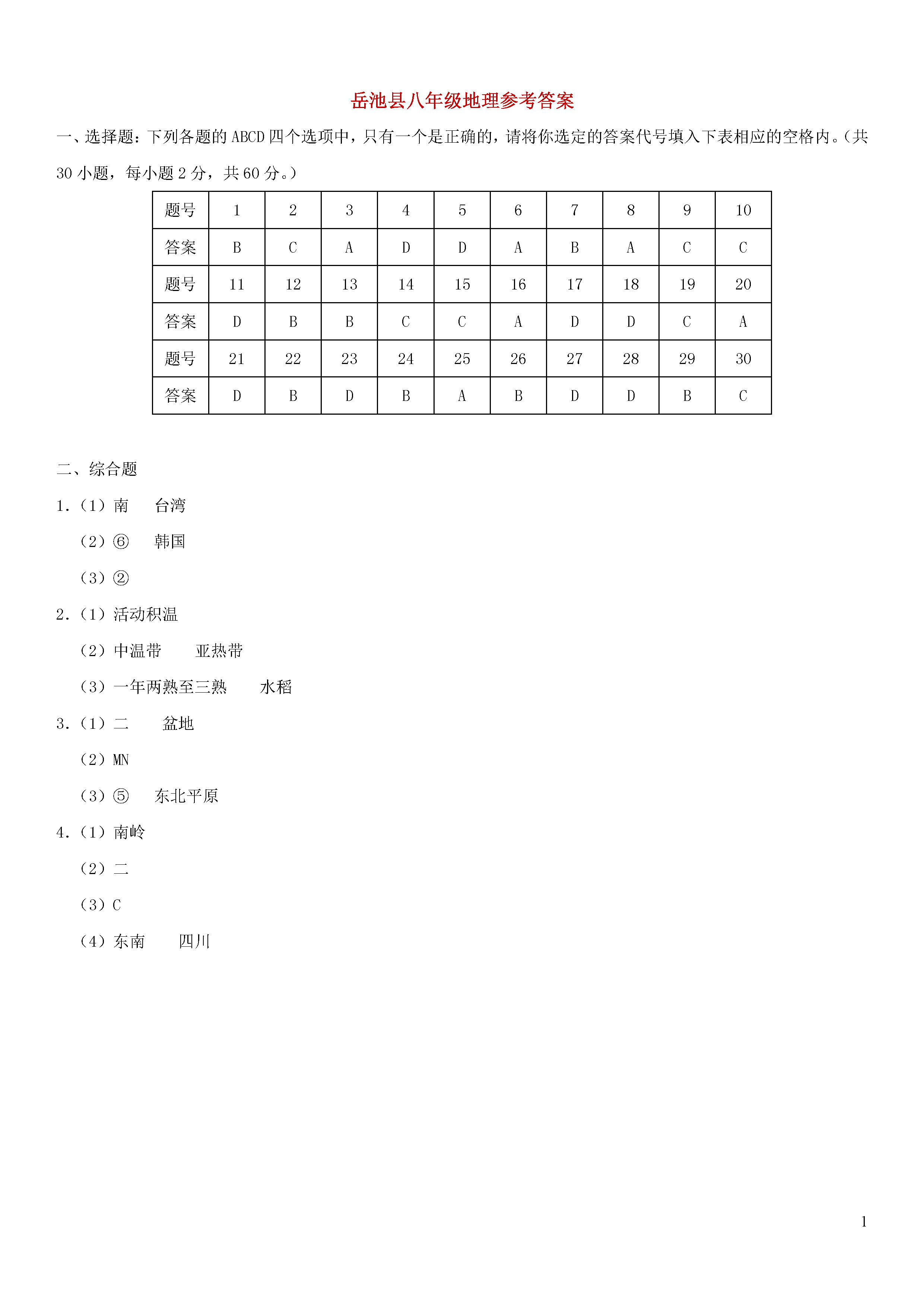 四川岳池县2018-2019初二年级地理上册期末测试题含答案