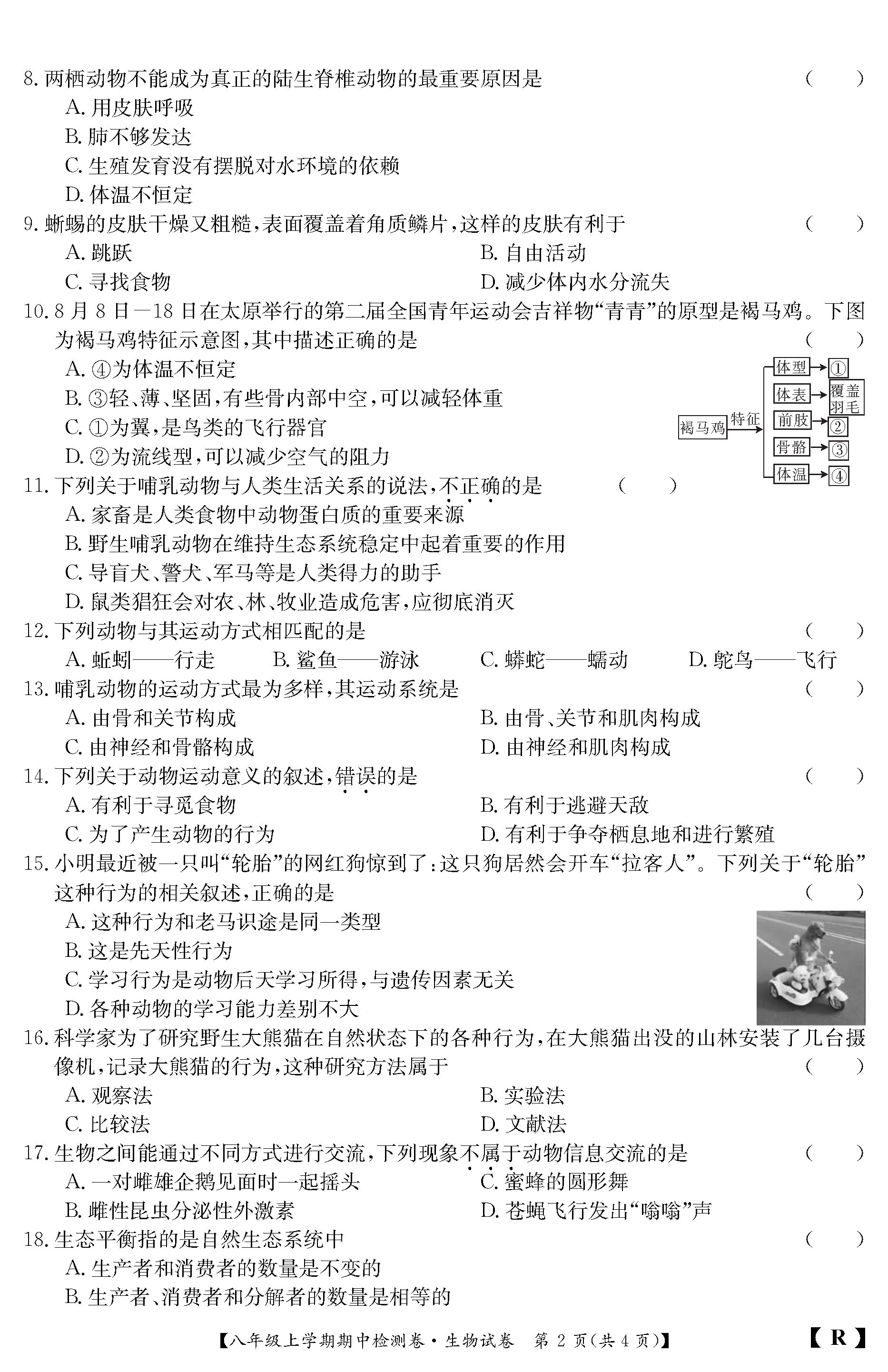 2019-2020山西省阳泉市八年级生物上册期中试题含答案