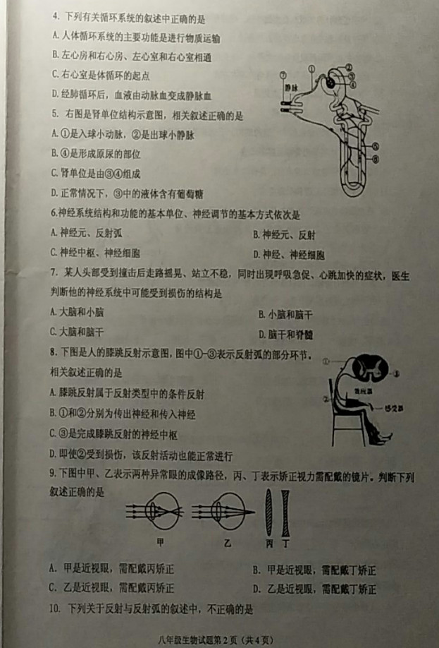 2019-2020江苏连云港开发区八年级生物上册期中试题无答案（图片版）