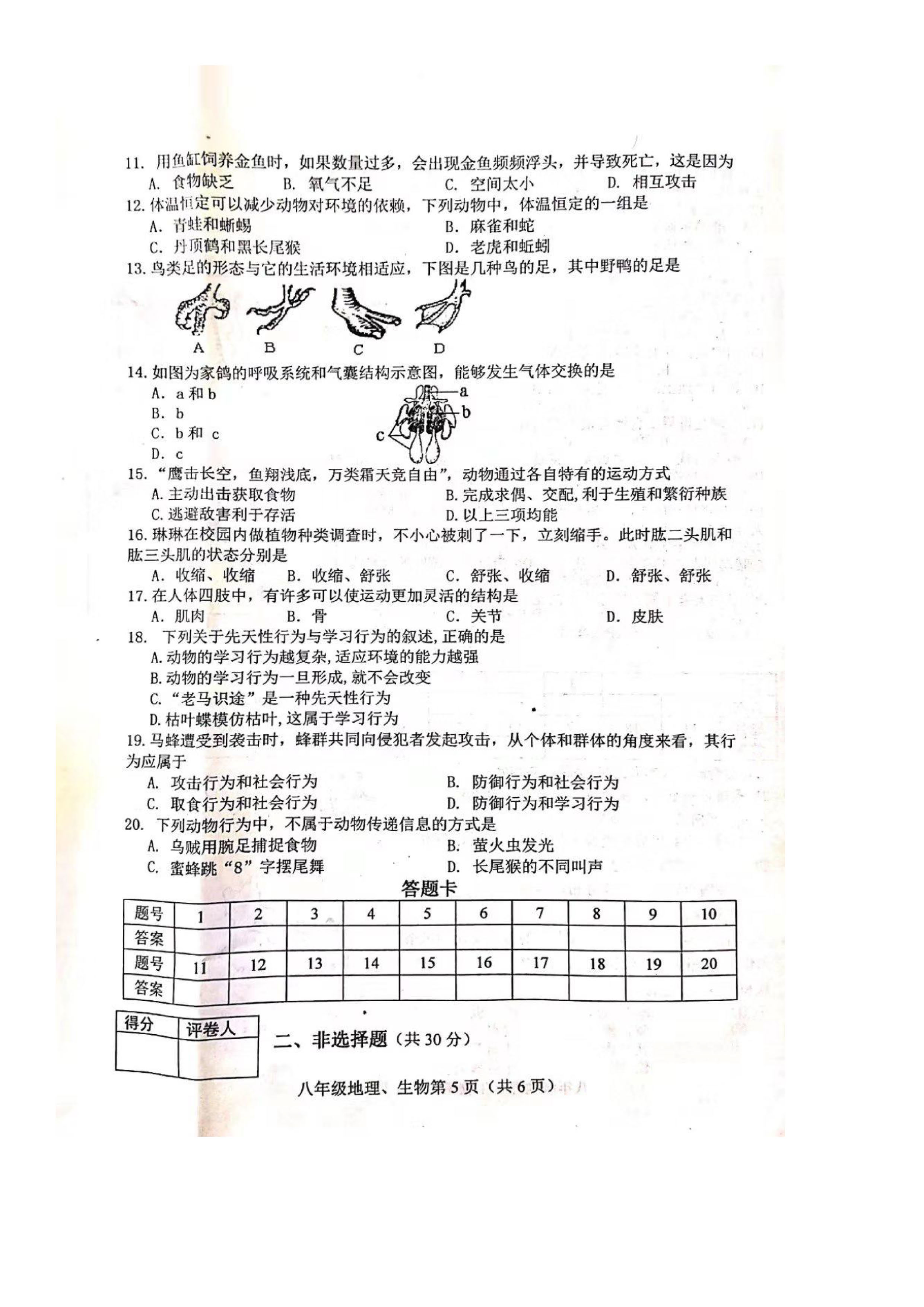 2019-2020河北唐山市玉田县八年级生物上册期中试题含答案