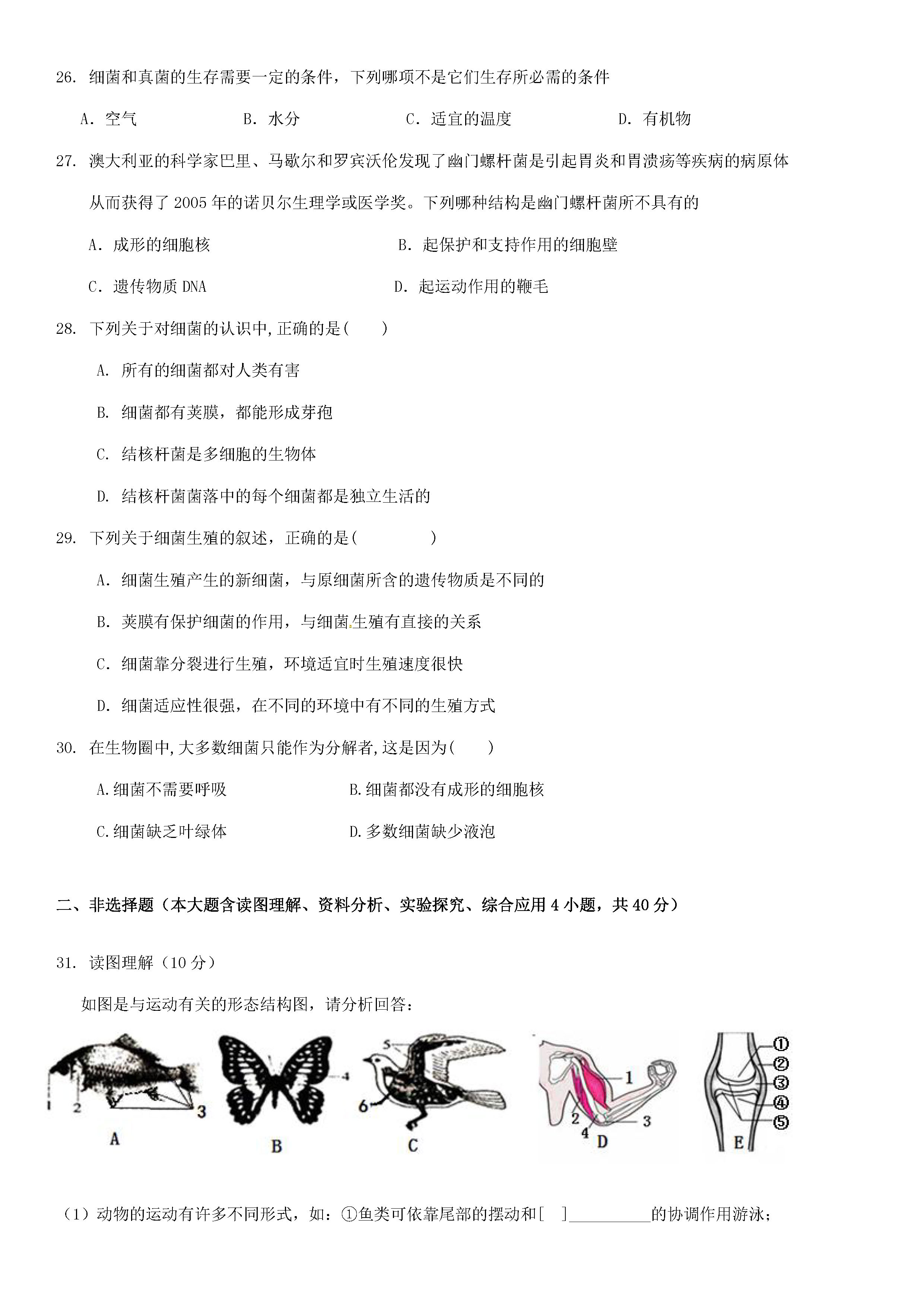 广东中山纪念中学2019-2020八年级生物上册期中试题含答案