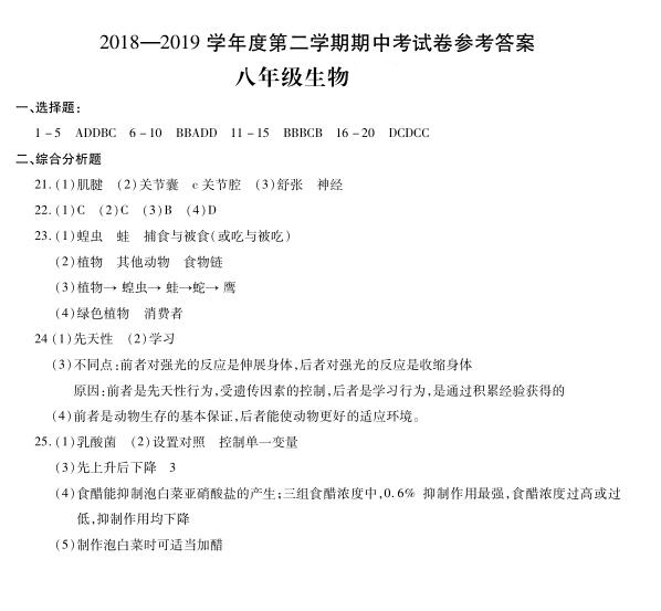 2019-2020河南省商丘市八年级生物上册期中试题含答案（图片版）