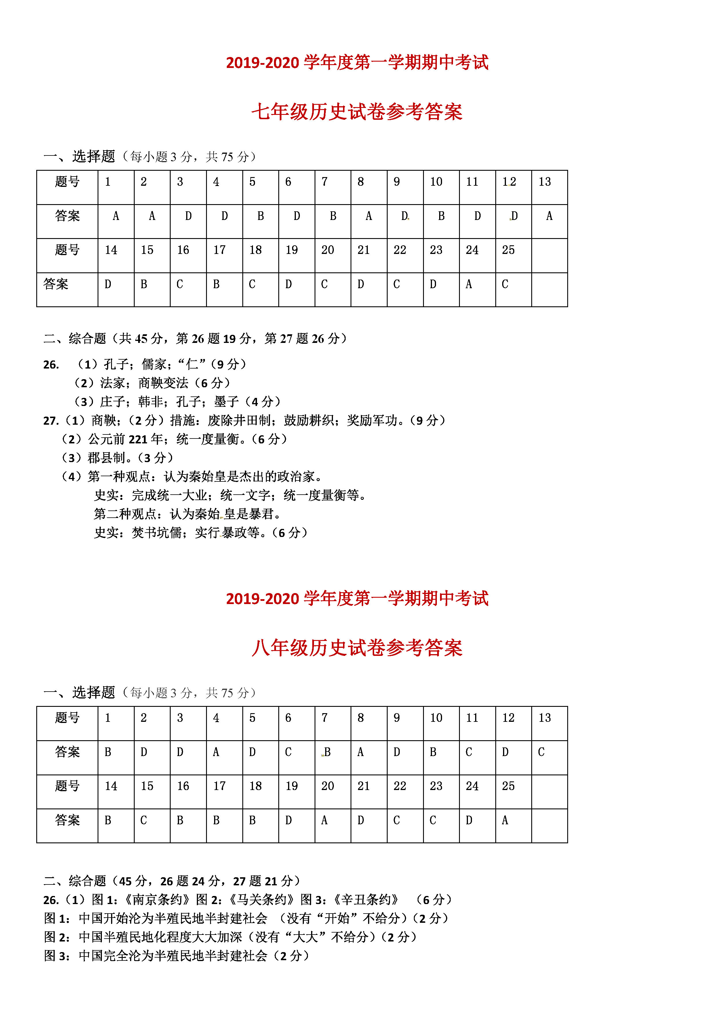 2019-2020广东肇庆市德庆县八年级历史上册期中试题含答案