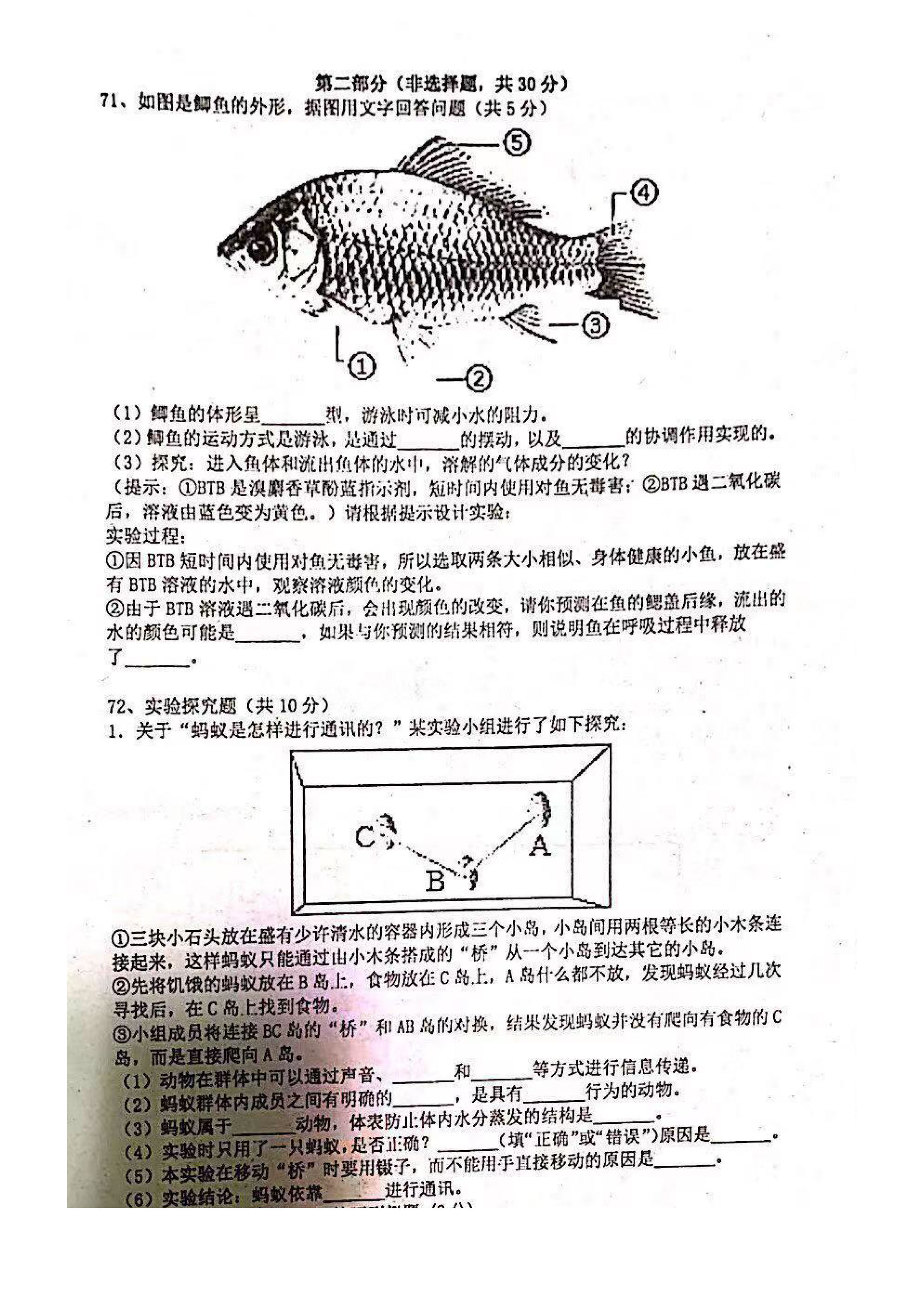 2019-2020广东深圳宝安中学八年级生物上册期中试题无答案