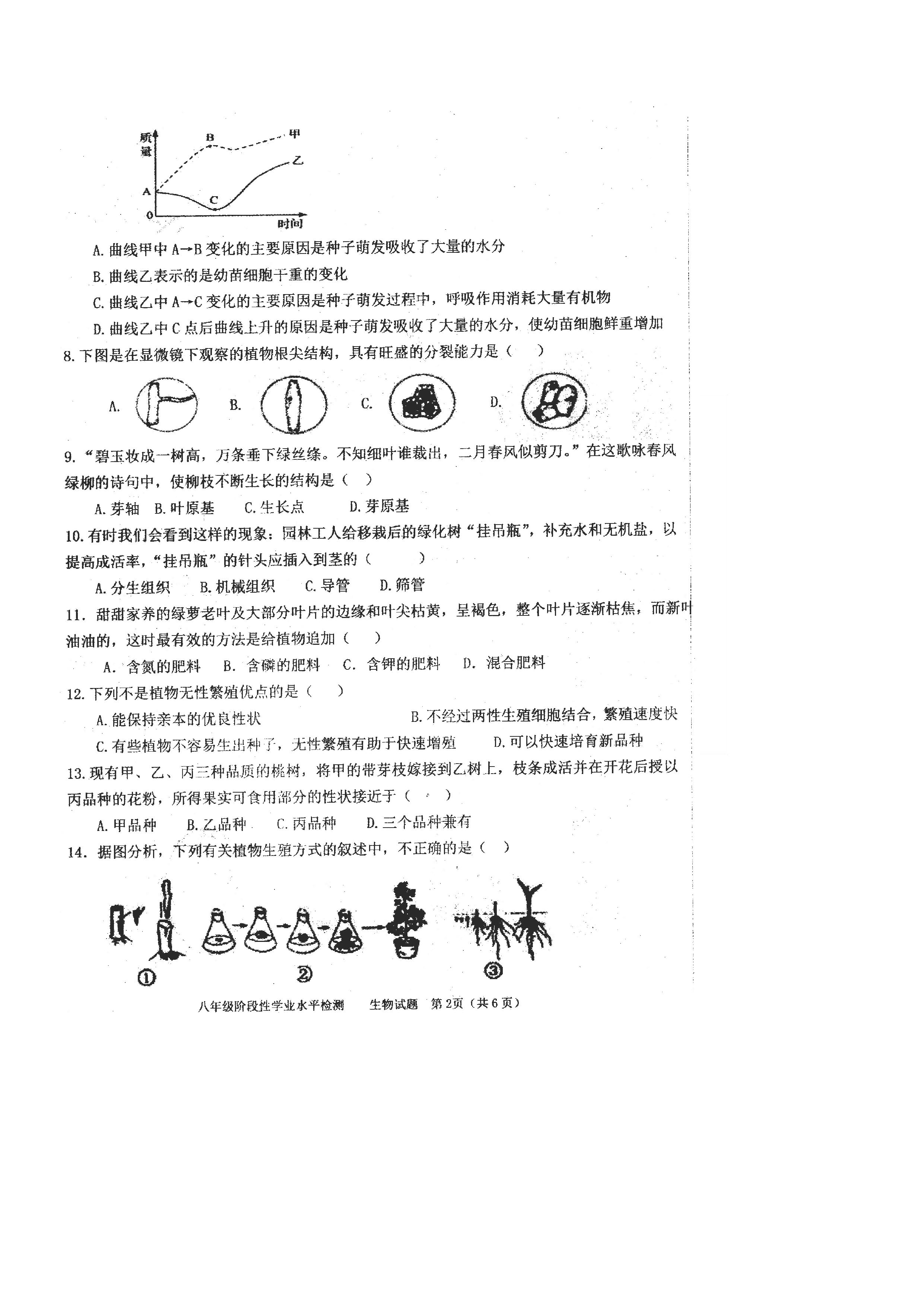 2019-2020山东省菏泽市八年级生物上册期中试题无答案（图片版）