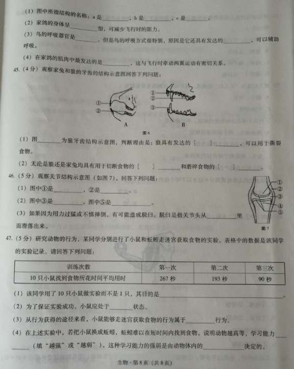 2019-2020云南省昆明市八年级生物上册期中试题无答案（图片版）