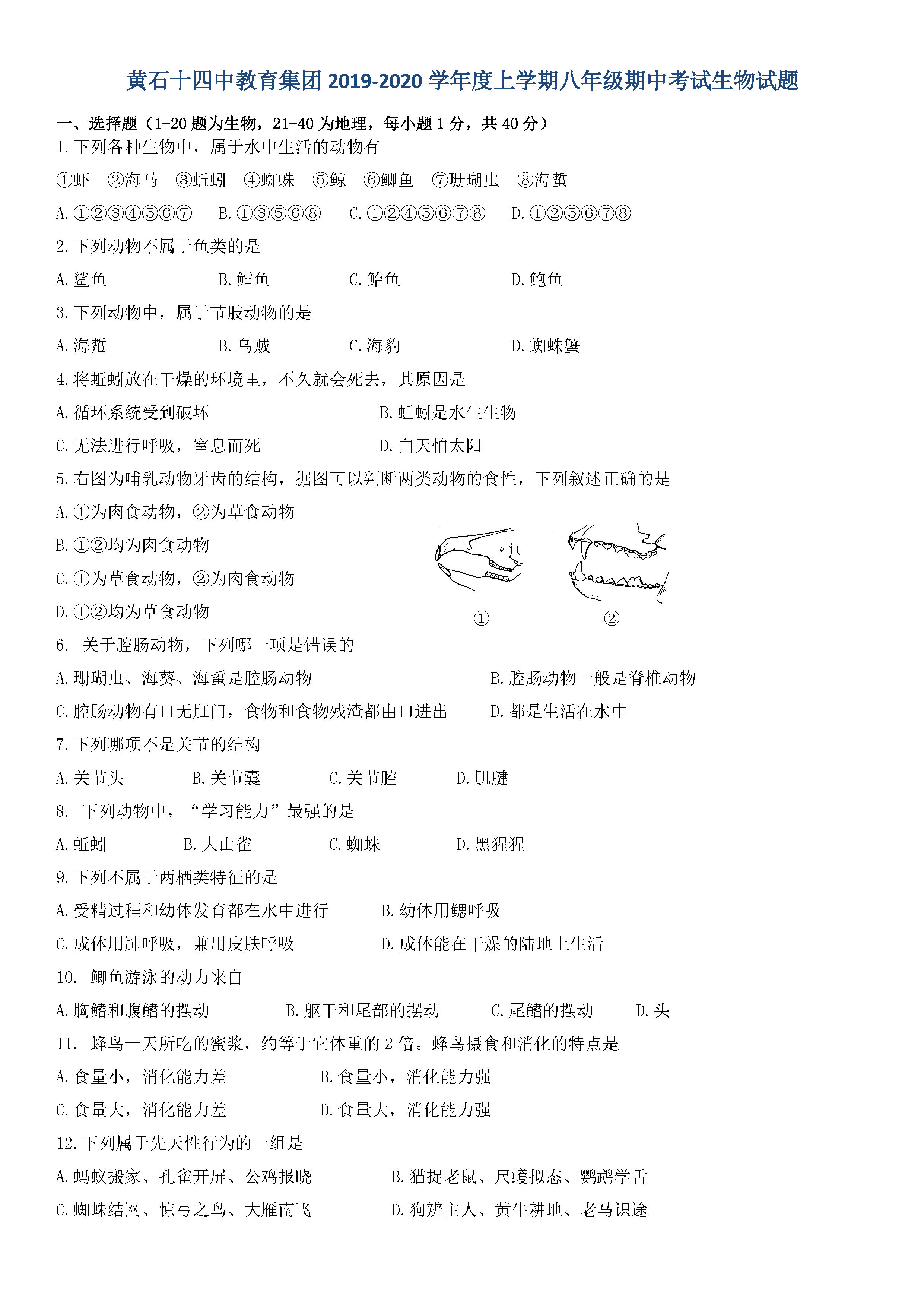 2019-2020湖北省黄石市八年级生物上册期中试题含答案