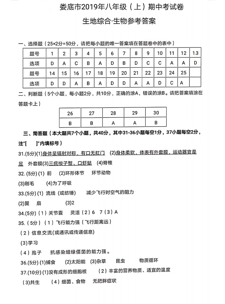 2019-2020湖南娄底八年级生物上册期中试题含答案（图片版）