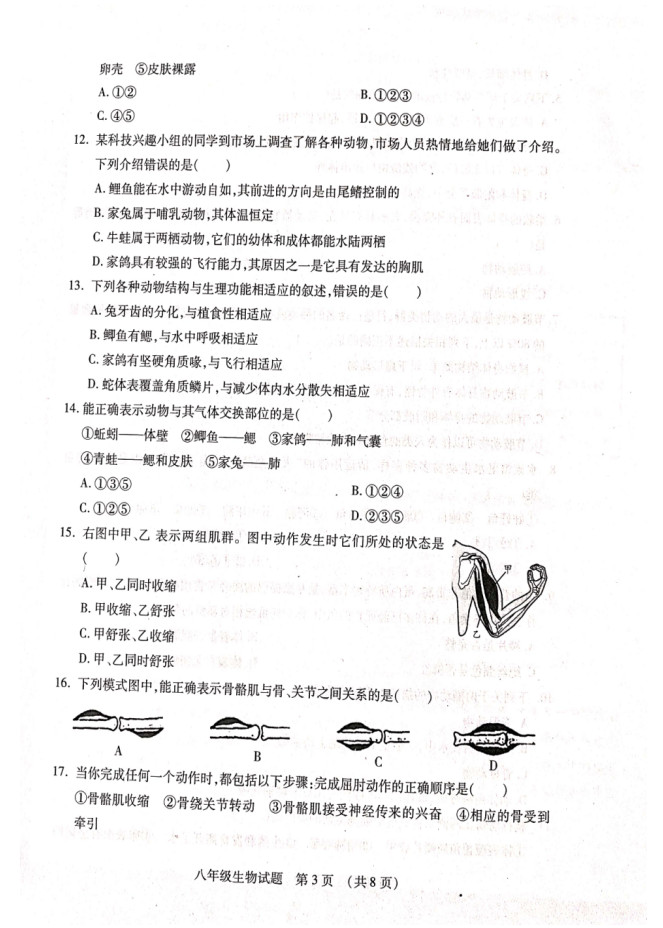 2019-2020山东临沂八年级生物上册期中试题无答案（图片版）