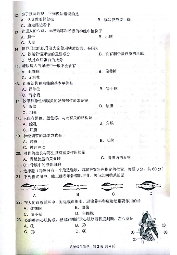 2019-2020江苏淮安八年级生物上册期中试题含答案（图片版）